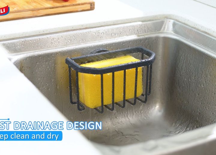 TAILI Sponge Holder with Strong Suction Cup, Dish Sponge Caddy Inside Sink Removable, Rustproof Aluminum for Sponges, Brushes, Stoppers and Scrapers - Black