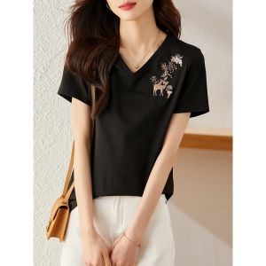 Slimming V-neck Short Sleeve T-shirt Womens Loose Fashionable Casual Top Summer New Style Age-defying Cotton Blend Tee