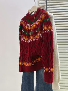 QINGNAER | Fair Isle Red Fashionable Retro Loose Knit Sweater