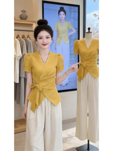 Shalldoer | French Style V-Neck Puffed Sleeve Twisted Tie Short Sleeve Shirt