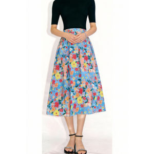 MANMI | French Retro Blue Floral High-Waist Slimming Versatile Skirt