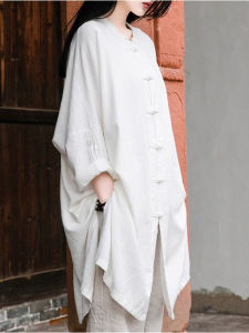 Retro Cotton Linen Long Sleeve Shirt Womens Spring Autumn Loose Midi Length Tai Chi Uniform Zen Suit Top 2025 New Style