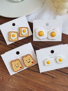 Sterling Silver Needle Handmade Simulation Cute Small Poached Egg Bread Stud Earrings Female Japanese and Korean Sweet Earrings Baby Ear Clip