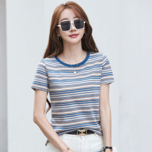 Colorful Striped Short Sleeve T-Shirt Women Loose Fashionable Summer Cotton Polyester Blend round Neck Top for Younger Look