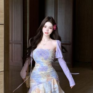 VKSOD | French Floral Print Knitted Tube Top Dress Womens Summer 2025 Tie Dye Sun Protection Two-Piece Set Long Sleeve Round Neck