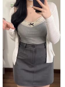 Cỡ Lớn Nữ Ren Cổ Chữ V Áo Hai Dây/áo Cami  Áo Hai Dây Với Nơ Quần Lót Cà Vạt Áo Pure Desire Xám Viền Hoa Thời Trang Mùa Hè