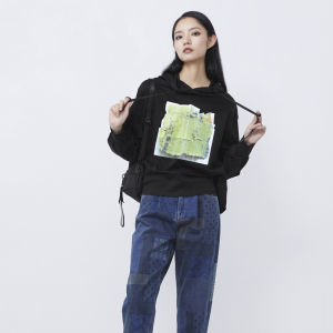 SDEER | Áo Hoodie Đen phối Màu có Dây Kéo cho Phụ Nữ