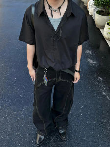 Cleanfit Mens Black Ice Silk Short Sleeve Shirt Summer Thin American Style Loose Fit Casual Drapey Outerwear Lightweight Shirt