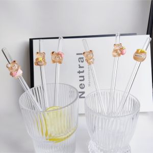 1/6PCS  Bear Glass Straw Set Reusable Bent Straws for Cold Drinks & Parties Perfect for Beach Outings & Family Gatherings