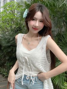 GUZILIAN | ชุดเดรสคาร์ดิแกนถักสไตล์โบฮีเมียนหวานและเผ็ดร้อนสำหรับฤดูร้อนใหม่สำหรับผู้หญิง แขนสั้น คอวี กระโปรงสั้น ชุดเดรสยาวปานกลาง