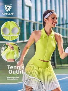 COSLEAF | Outwear with Standing Collar Integrated Supportive Bra Sportswear Set for Tennis and Badminton