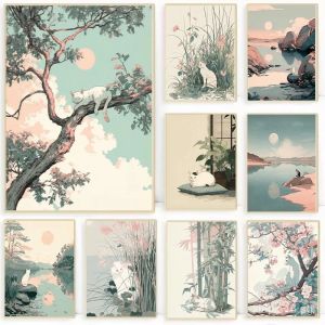 Minimalist Japanese Cat with Flowers Poster Minimalist Japandi Zen Landscape Canvas Painting Wall Art for Living Room Home Decor