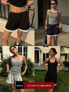 กางเกงขาสั้นผู้หญิงทรงหลวมเอวยางยืดสไตล์ลำลองพร้อมขอบลูกไม้สีพื้น กางเกงขายาวทรงตรงสำหรับใส่ไปเที่ยวในช่วงฤดูร้อน