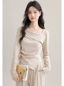 Áo Thun Dài Tay Ôm Vừa Vặn Cổ Chéo Cho Nữ Mùa Thu Đông Thiết Kế Mới Cổ Điển Thoải Mái Thoáng Khí Thường Ngày