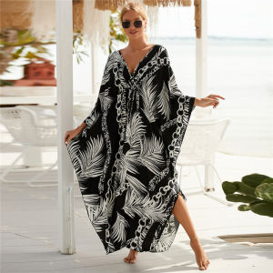 Womens Plus Size Animal Print V-Neck Batwing Kaftan Beach Dress Bathing Suit Cover-Up Loungewear