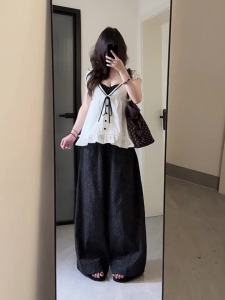 WESTAYONE | Puff Sleeve Lace Blouse + Camisole + Denim Look Polka Dot Wide Leg Pants