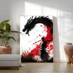 Bandai | Japanese Samurai And Dragon Canvas Wall Art Ukiyo-e Style Bushido Warrior Torii Gate Print Abstract Poster Vintage Home Decor