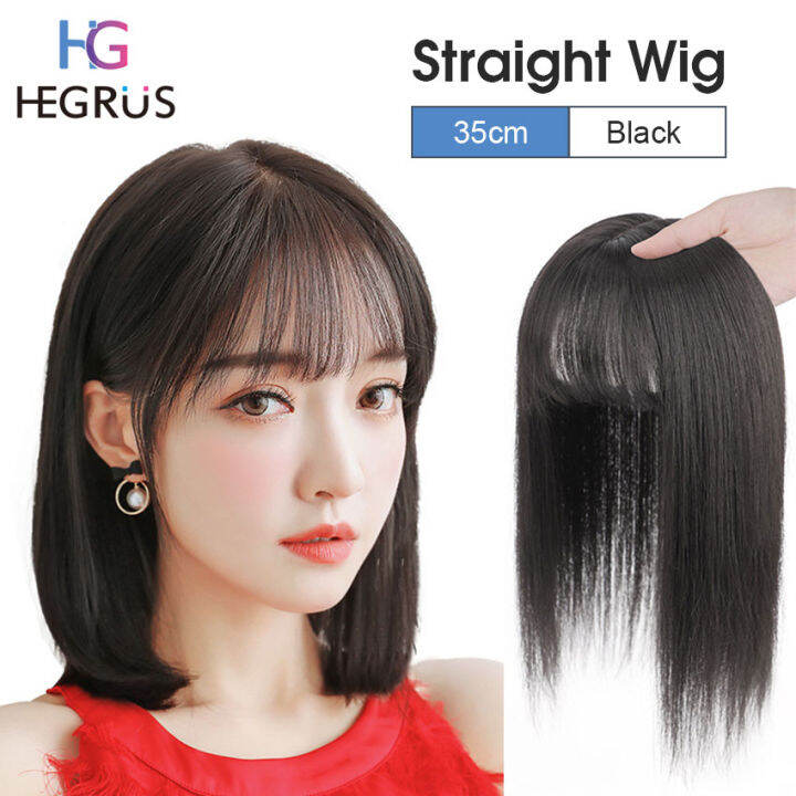 HEGRUS Wig 35CM Long Straight Hair Wig Natural Hairline Real Hair Wig Extensions Heat Resistant Synthetic Wig Invisible Seamless Wig Straight Clip In Hair Extensions Hairpiece With Bangs For Girls