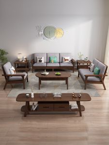 Scandinavian Solid Wood Cloth Craft Sofa Combination Modern Minimalist Small Apartment Living Room Corner Wooden Log Style Japanese Sofa