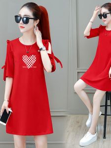 Summer New plus Size Cotton A-Line Dress Shoulder Bared Butterfly Knot Loose Slimming Short Sleeve Korean Style Midi Dress