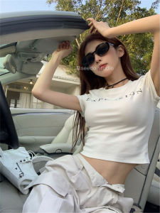 Áo thun cotton tay ngắn cho nữ mùa hè in chữ thiết kế Slim Fit cổ tròn Quần áo làm việc mặc dự tiệc