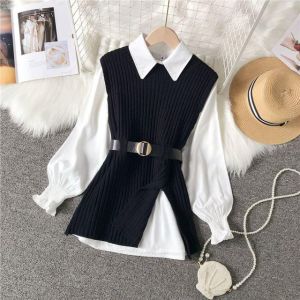 Set Kemeja Rompi Rajut Import With Belt Vest Korean Style