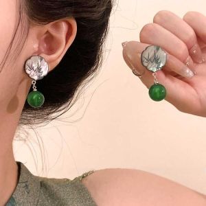Green Agate Bamboo Earrings Womens Summer Unique Personality Ear Jewelry New Chinese Retro Ancient Style Fashion Accessories