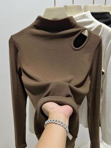 WANGGONGZHU | Womens Cashmere Base Shirt Hollow Out Long Sleeve Half High Collar Autumn Winter Fashion Design Soft Comfortable Inner Wear T-Shirt