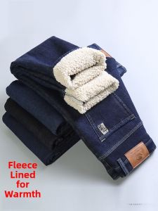 ROMON | Romon Mens Fleece Lined Thick Casual Jeans Mid Waist Zipper Closure Business Casual Long Trousers Elastic Wear Resistant