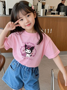 Girls 100% Cotton Short Sleeve T-Shirt Cartoon Kurokos Summer Casual Loose Top Fashionable Childrens Clothing