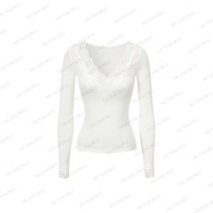 Slimming V-Neck Eyelash Lace Womens Long Sleeve Knit Top