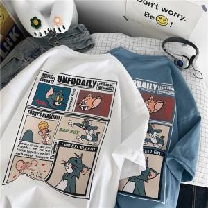 เสื้อยืดแขนสั้นลายการ์ตูนผู้ชาย สไตล์เกาหลี ทรงหลวม ลำลอง สำหรับฤดูร้อน เสื้อยืดคอกลมลายสัตว์ ทรงหลวม ใส่สบาย