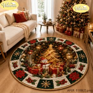 VIKAMA Christmas Round Rug Non-Slip Living Room Fireplace Christmas Decorative Rug Bedroom and Living Room Home Decor