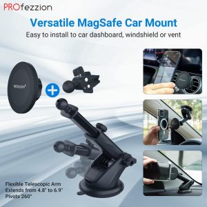 PROfezzion Magsafe Car Mount Mobile Phone Holder Stand for Dashboard and Windshield and Air Vent For iPhone 16 15 14 13 12 Series and Android Smartphones