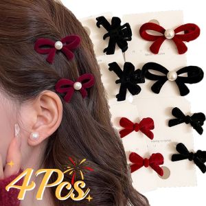 4Pcs Mini Red Bow Hair Clips Girls Sweet Velvet Small Bow Knot Hair Accessories Fashion Korean Style Elegant Side Clips