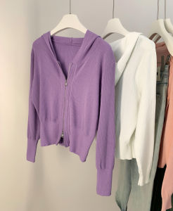 AMILUCK | Hooded Knitted Cardigan Womens Slim Fit Long Sleeve Thin Outerwear Vintage Gentle Style Autumn New Arrival Fashion Outer Jacket