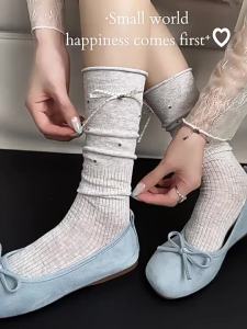 JIFANPAUL | Vớ Mỏng Cotton Cổ Trung Bình Có Dải Ruy Băng Viền