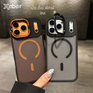 เคสโทรศัพท์แบบแข็งพร้อมขาตั้งเลนส์โลหะสำหรับ Magsafe สำหรับ iPhone 17 16 15 14 13 12 17 Pro Max Plus รองรับการชาร์จไร้สายแบบแม่เหล็ก