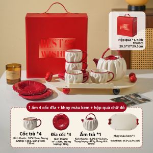 SHELI | Bộ Ấm Trà Sứ Cao Cấp Với Thiết Kế Vân Nếp Gấp Sáng Tạo Phối Màu Đỏ Trắng (Kèm Hộp Quà Sang Trọng)