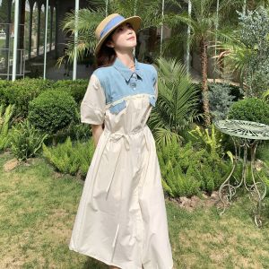 YINLUOYA | French Style Summer 2025 Womens Denim Patchwork Long Dress Shirt Design Slimming A-Line Skirt High Waist Short Sleeve Polo Collar