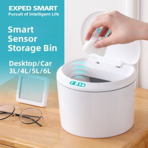 Smart Induction Desktop Trash Can Office Car Small Storage Box Cute Style Garbage Bag Snack Box Home Office round Barrel Shape