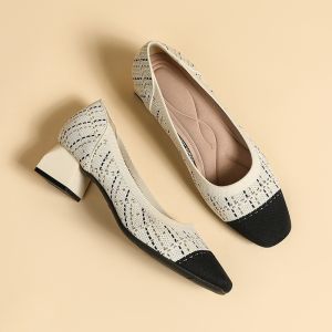 Ladies Stitching Square Toe Thick Heel High Heels: Princess Design & Woven Knitted Anti-slip Women's Shoes