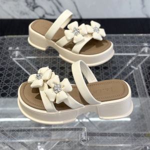 Floral Thick Bottom Platform Sandals Womens Summer Gentle Fairy Versatile Open Toe Slippers Korean Style PU Leather