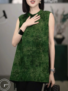 QINGNAER | Elegant Retro Style Green Sleeveless Vest for Large Size Summer