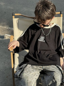 Boys Summer Loose Casual Thin Short Sleeve T-shirt Street Dance Style Childrens Patchwork Sportswear Breathable Comfortable Cotton