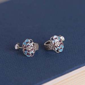 Silver Earrings Womens Style Chinese Traditional Cheongsam Accessories Blue Glazed Peony Flower Pure Silver Ear Jewelry