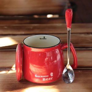 Retro Ceramic Coffee Cup with Lid Spoon Mugs Breakfast Oats Hot Water Milk Logo Mark Cups Japanese Style Adult Drinking Glasses