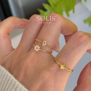 Summer Daisy Butterfly Diamond Gold Ring • Waterproof Non-Tarnish • 18K Gold Plated 316L Stainless Titanium Steel Fashion For Women Men RG441 RG442 RG443 Solis Jewelry