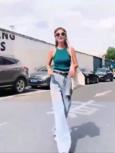 พร้อมส่ง กางเกงยีนส์ขากว้างแต่งขาดตรงขา