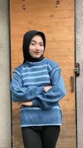 Alissa Knit Ruffle Blouse | Atasan Knit Wanita Setrip Lengan Panjang Vest Menyatu